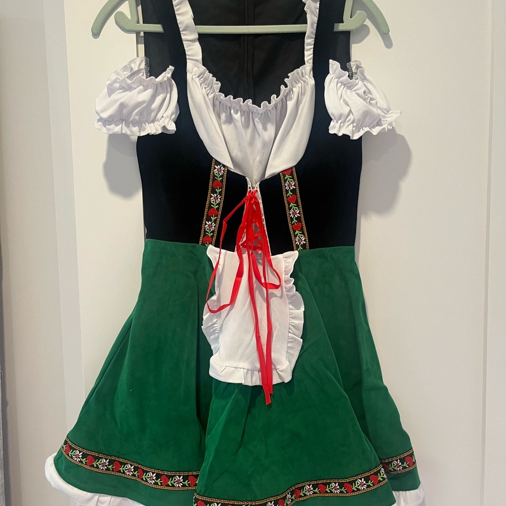 Green and Black Dirndl Dress with White Accents